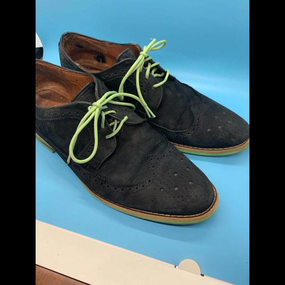 J.D. Fisk Dark Navy Neon Green Trim Dario Wingtip Size 9